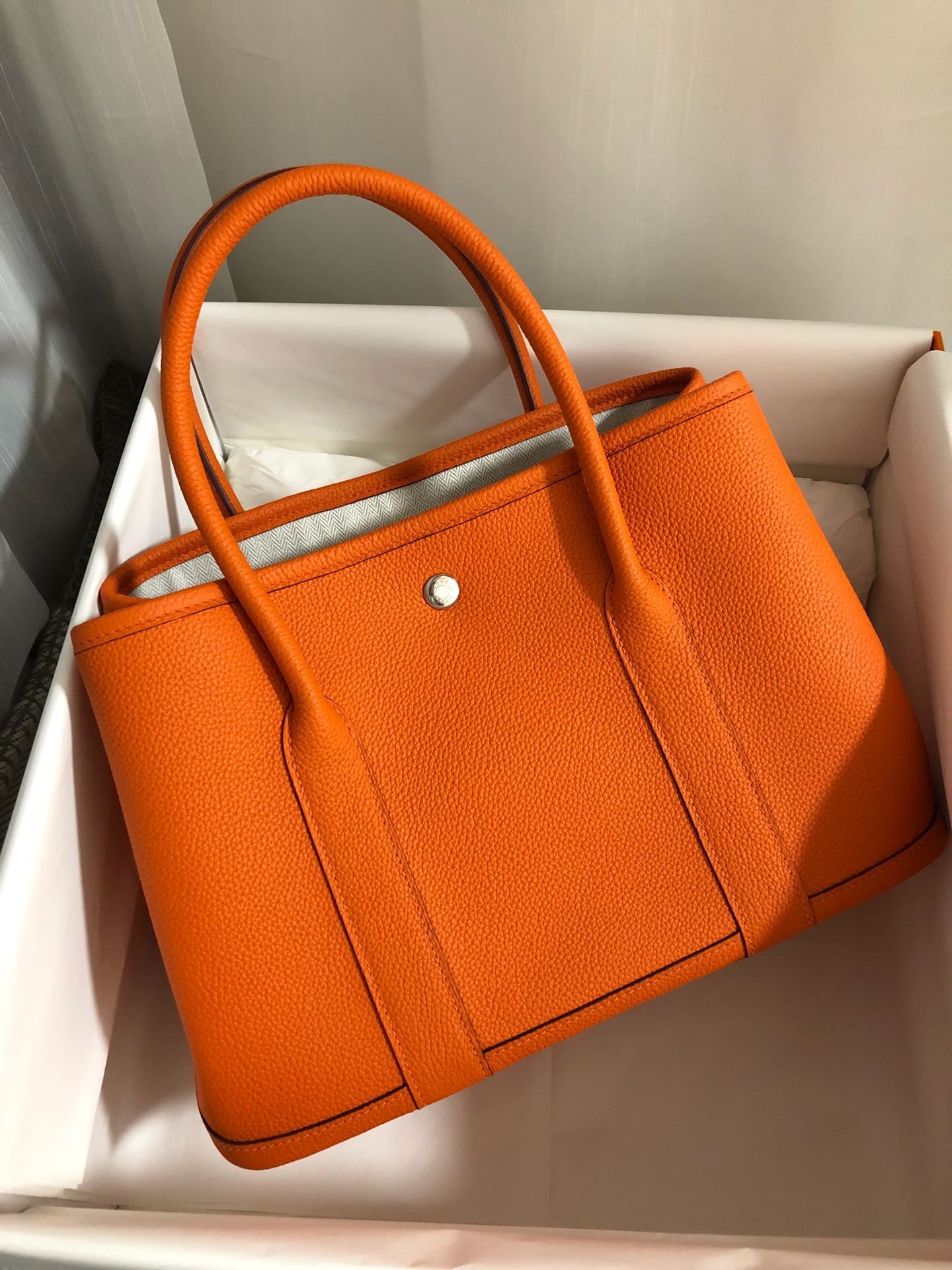 Hermes Garden Party 30cm Tote Handbag In Feu Orange Clemence Leather